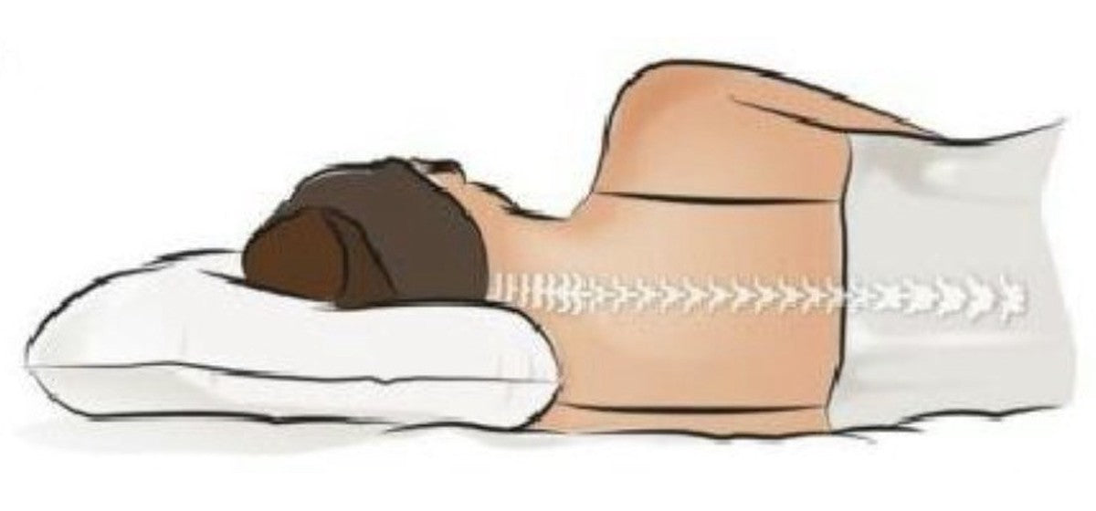 Side sleeper on the Angel Pillow: the loft fills the shoulder gap and the spine stays in one straight line
